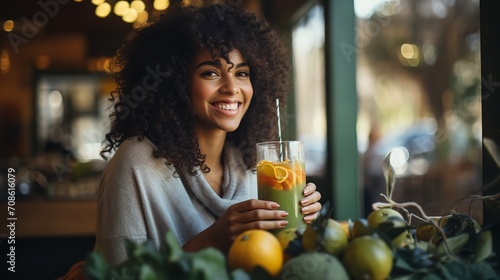 Grasping her green detox drink, the black woman smiles, Generative AI.