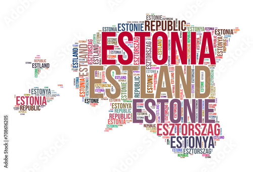 Estonia country shape word cloud. Typography style country illustration. Estonia image in text cloud style. Vector illustration.