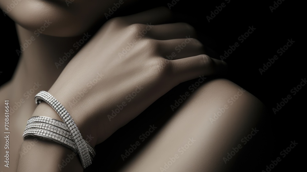 a close-up of a diamond bracelet on a woman, a minimalist modern style to accentuate the brilliance and beauty of the diamonds, creating an artful representation of luxury jewelry.