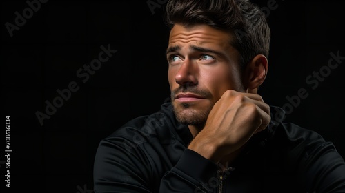 Image of a suave, thoughtful young man against a dark backdrop, Generative AI.