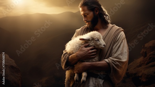 a biblical story in which a Shepherd finds a lost sheep while holding it in his arms, the compassion and love inherent in this theme will convey the essence of redemption and salvation. photo