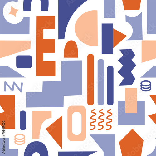 Seamless background of geometric shapes in brutalist style. Retro modern trendy graphic background. Flat vector illustration