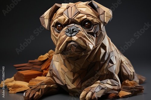 wooden sculpture of a pug on a black background