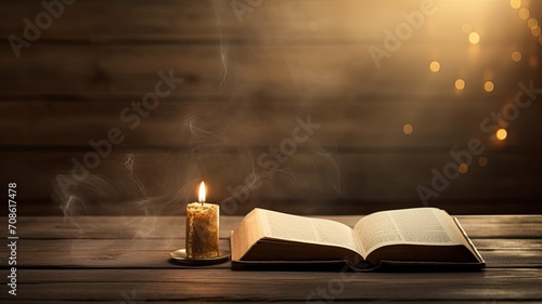 a candle and a Bible on an old oak wooden table against a beautiful gold background, in a minimalist modern style, emphasizing the serene and sacred nature of the religious concept.