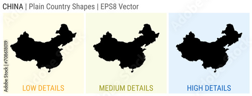 China - plain country shape. Low, medium and high detailed maps of China. EPS8 Vector illustration.