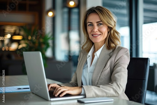 Smiling busy mature middle aged professional business woman manager executive wearing suit looking at laptop computer technology in office working on digital project sitting at desk, Generative AI