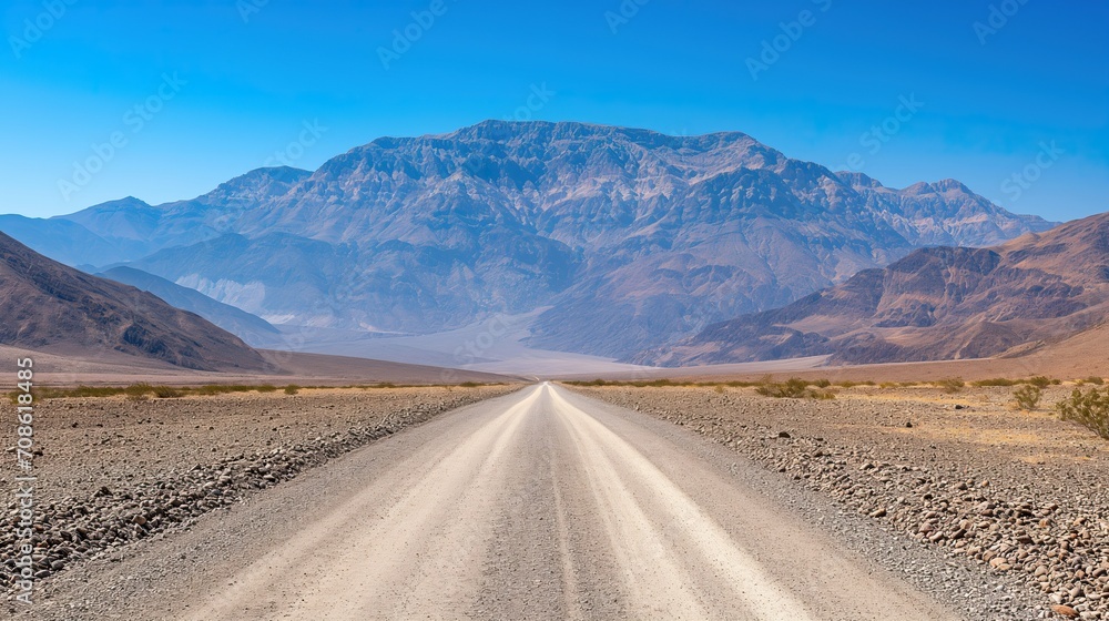 An unpaved road leads straight to the high mountains of Death Valley. An unpaved road leads straight to the high mountains of Death Valley.
