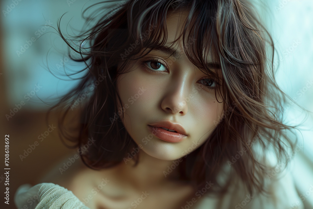 Close-up portrait of a teenage girl with nice skin, casual and candid, with straight brunette hair. Close-up portrait of a teenage girl with nice skin, casual and candid, with straight brunette hair.