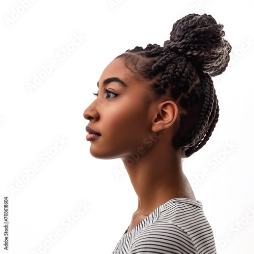 Young African American black woman, poses in profile with a bun in her hair, against white background.