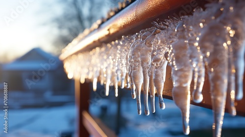 In the sunlight, lovely clear icicles dangle from the ancient roof, Generative AI. photo