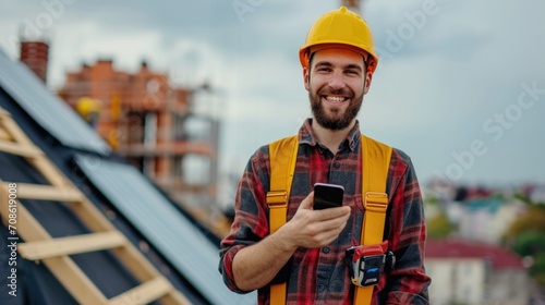 photo of smiling badass engineer influencer with mobile phone in his hand and yellow helmet, on roof of construction site