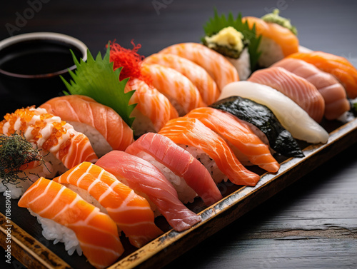 A colorful assortment of sushi nigiri showcasing various types and flavors.