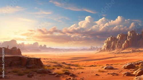 a serene desert stretching far and wide, bathed in the warm hues of the setting sun. © Khan