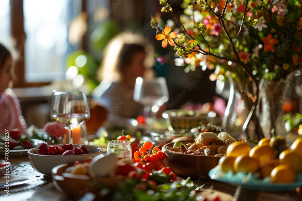 Family having festive dinner together. Table setting with traditional food and spring flowers for Easter celebration