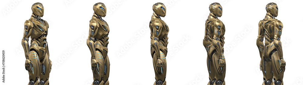 Futuristic alien robot or very detailed sci fi cyborg standing. Full body. Collage or set of five different angles. Isolated on transparent background. 3d render Futuristic alien robot or very detailed sci fi cyborg standing. Full body. Collage or set of five different angles. Isolated on transparent background. 3d render