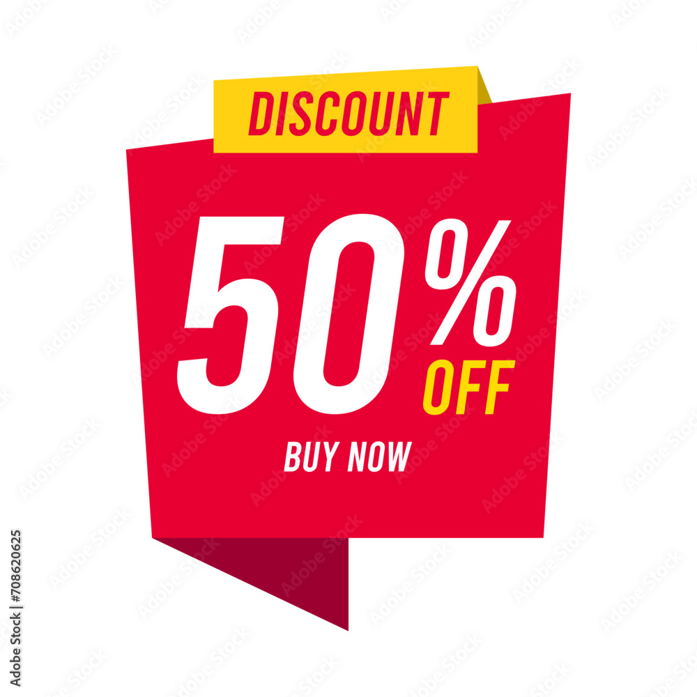 Discounts 50 percent off. Red template on white background. Vector illustration