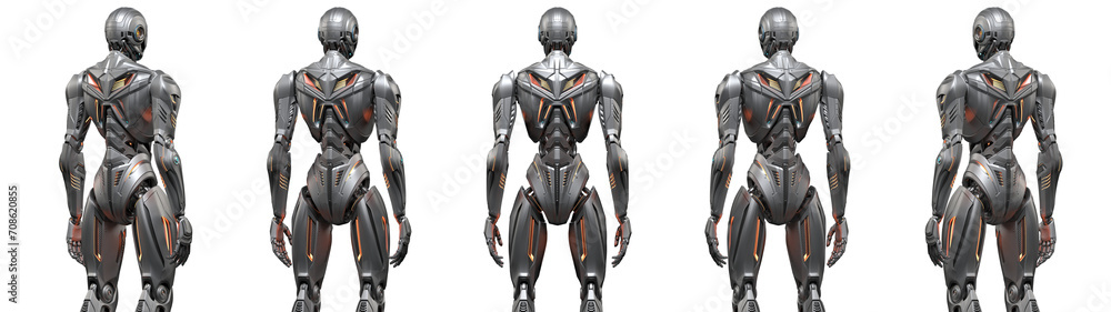 Futuristic robot man or very detailed cyborg standing. Full body. Collage or set of five different angles. Isolated on transparent background. 3d render Futuristic robot man or very detailed cyborg standing. Full body. Collage or set of five different angles. Isolated on transparent background. 3d render