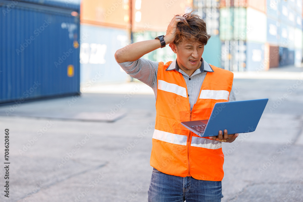 Φωτογραφία factory worker or engineer holding laptop computer and scratch his head when see
