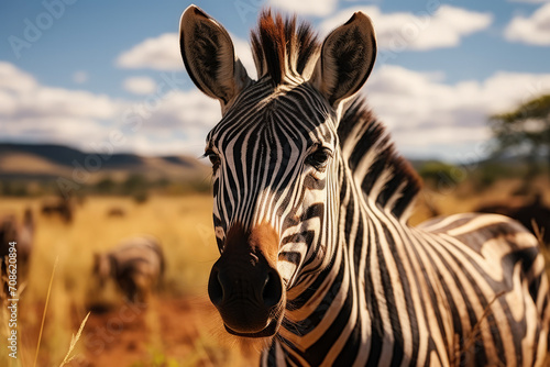 Zebra portrait in savannah landscape. Black and white striped zebra in national park