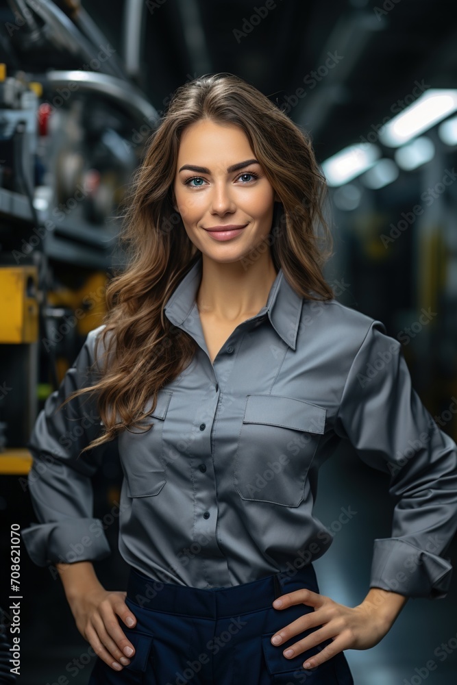 Portrait of a beautiful young woman in a gray shirt standing in a factory