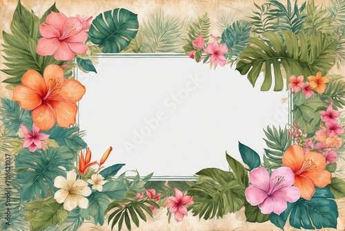 aged paper frame with tropical flower watercolor designs for warm greetings, felicitations, invitations, and cards