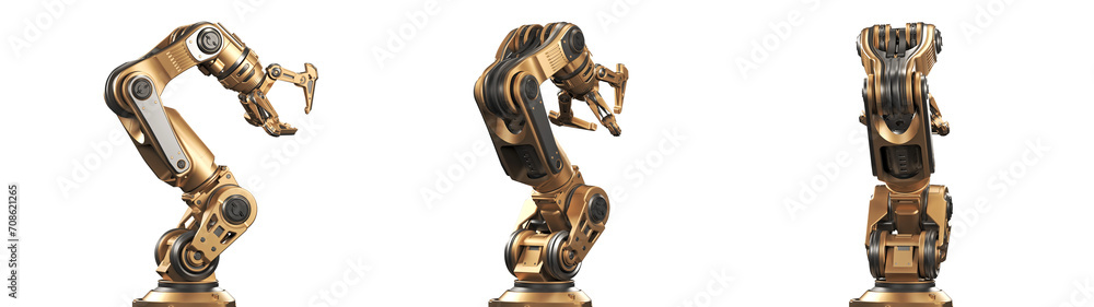 Robotic arm or yellow mechanical hand computing different movements. Industrial robot manipulator. Futuristic technology. Collage or set of three positions. 3d rendering isolated on transparent Robotic arm or yellow mechanical hand computing different movements. Industrial robot manipulator. Futuristic technology. Collage or set of three positions. 3d rendering isolated on transparent