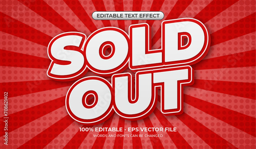 Sold out text effect. Editable 3d white and bold text effect with red sunburst background