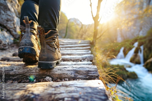 Wandering the Plitvice Trails: A detailed glimpse of a tourist's feet exploring the limestone boardwalks of Plitvice in Croatia, surrounded by cascading waterfalls and the untouched beauty of nature. 