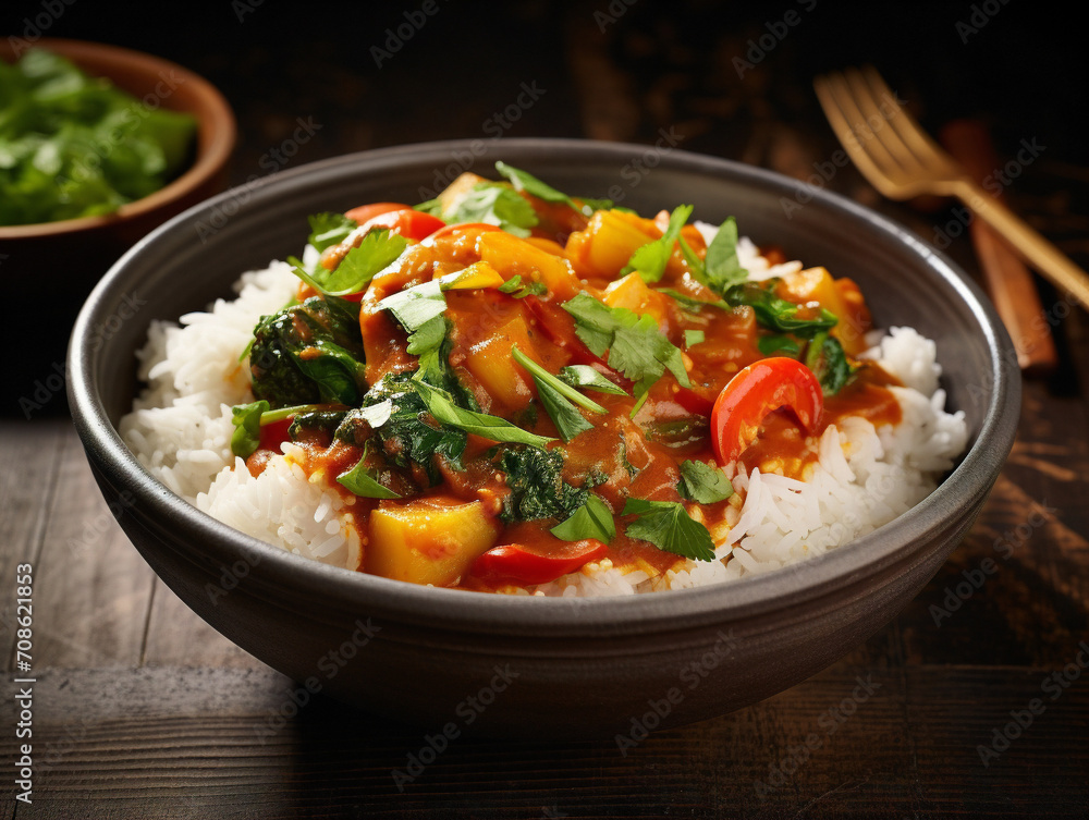 A colorful bowl filled with aromatic and flavorful vegetable curry adorned with fragrant basmati rice.