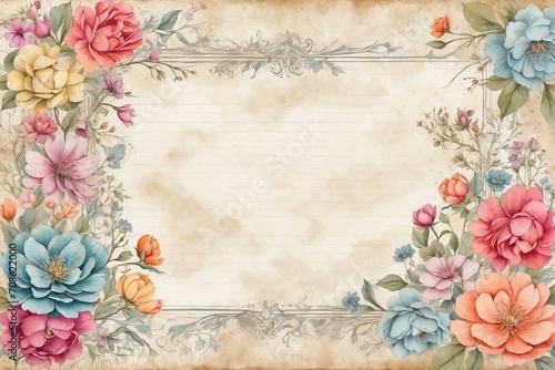 vintage floral panorama  opulent blooms on a vintage background  ornate frame  aged paper designs  exquisite for wedding cards and invitations