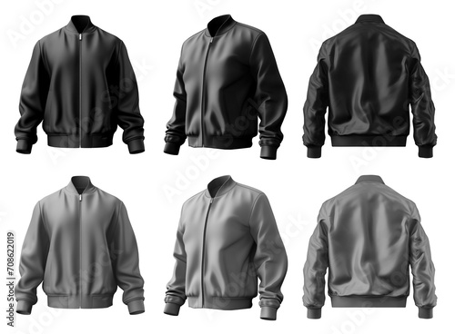 2 Set of black and dark grey gray, unisex bomber jacket with full zip zipper collar, front back side view on transparent background cutout, PNG file. Mockup template for artwork graphic design. photo
