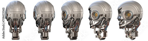 Futuristic robot head or very detailed humanoid face. Collage or set of five different angles. Isolated on transparent background. 3d rendering