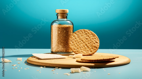 A rustic tableau unfolds as saltine crackers delicately sprawl across a table, showcasing their simplicity and inviting texture in this captivating still life. photo