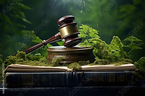 a judge's gavel and green globe on a book background, with a playful touch inspired by nature. Designed for commercial use, embracing themes like petcore and mushroomcore