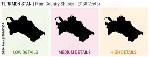 Turkmenistan - plain country shape. Low, medium, and high detailed maps of Turkmenistan. EPS8 Vector illustration.