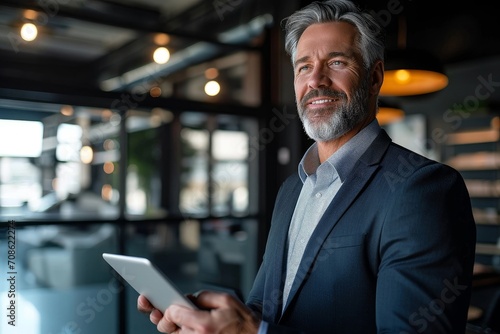 Happy middle aged business man ceo wearing suit standing in office using digital tablet. Smiling mature businessman professional executive manager looking away thinking working on device,Generative AI