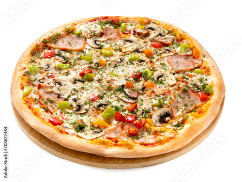 Homemade Italian style pizza with cheese, champignon mushrooms, green and red peppers, bacon close-up on a wooden board. Isolated.