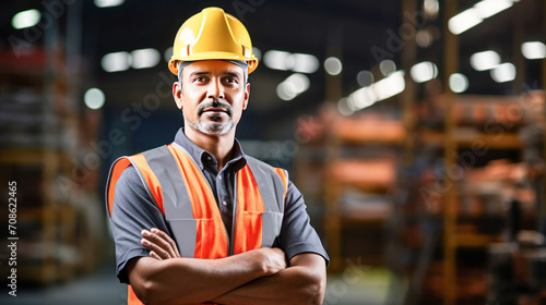 Indian male engineer standing confidently at factory