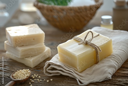 Aromas of Craftsmanship: Traditional Liquid Marseille Soap in Lifestyle Stock Photography - A Blend of Vegetable Oils, Glycerin, and Scents for a Touch of Mediterranean Luxury.

 photo