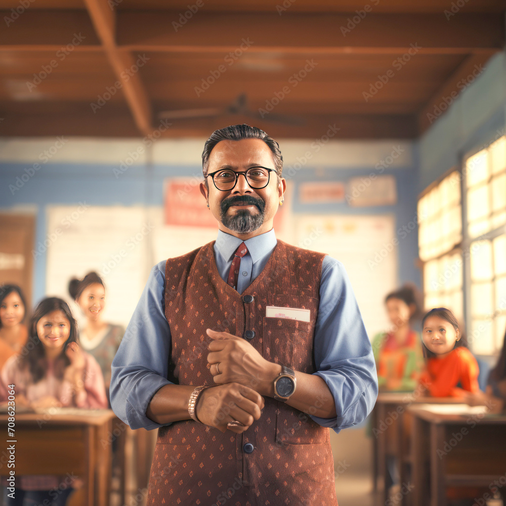 Obraz premium indian teacher standing confidently at class room