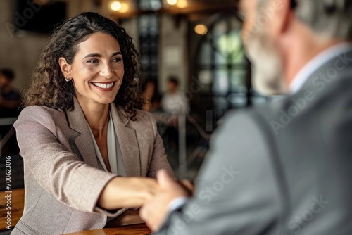 Happy mature Latin business woman manager or lawyer handshaking client at office meeting. Smiling professional businesswoman and businessman having partnership agreement with handshake, Generative AI