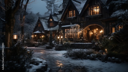 Simple, medium-shot, neutral, well-detailed, Christmas-decorated home in a snowy scene, Generative AI.