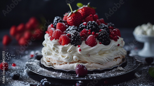 Anna Pavlova's cake, unusually decorated with berries, stands on the table, with a beautiful presentation, and an unusual background. For special celebrations.