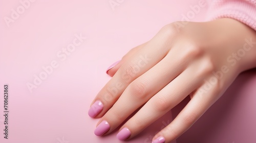 Stylish pink matte manicure on a woman s hands  close-up with empty space  Generative AI.