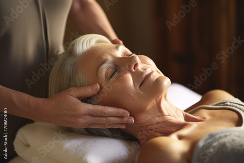 Rejuvenating and tightening massage for facial skin. Beautiful elderly woman doing facial massage in beauty clinic