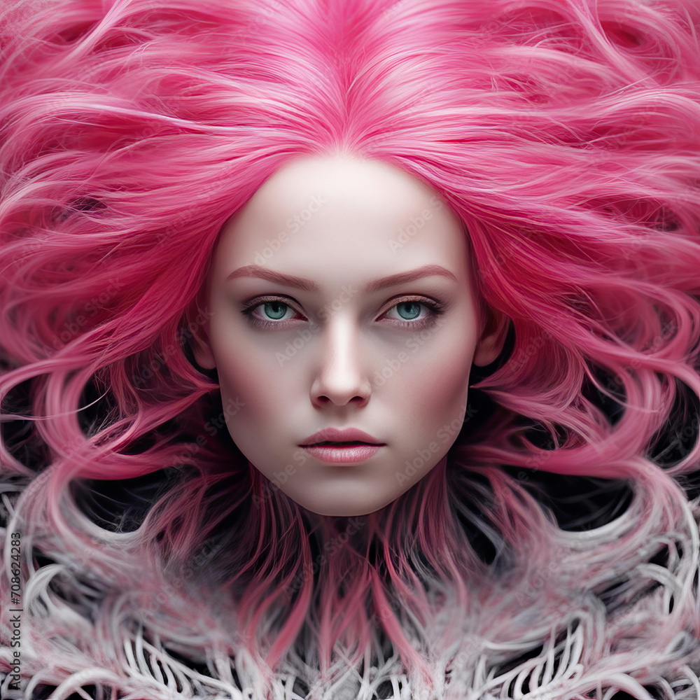 Pink fractal hair on a woman.