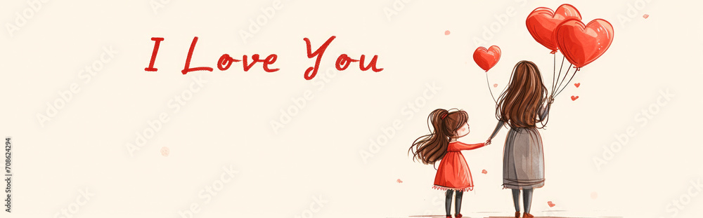 Valentine's day greeting banner. Cute little girl and her mother holding red heart shaped balloons. Valentine's day greeting banner. Cute little girl and her mother holding red heart shaped balloons.