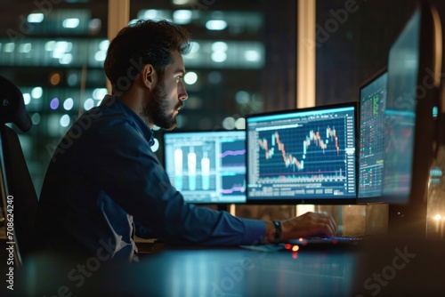 Business man trader broker analyst investor using computer analyzing stock trade crypto market investing finances working in night office. Copy space for learning stock trading course ads,GenerativeAI photo