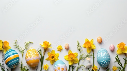 Decorative Easter eggs with daffodils on white background, spring holiday border design. photo