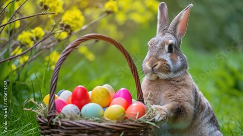 Bunny with Easter basket full of colorful eggs on a grassy field, festive setting.